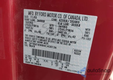 2004 Ford F-150 Heritage Xl/Xlt from USA, damaged, VIN 2FTRX18W84CA30136